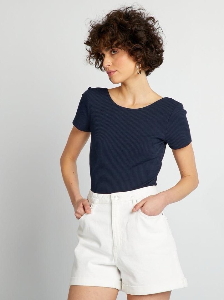 Kadın Lacivert Kısa Kollu Vücuda Oturan Mayo - Görsel 5