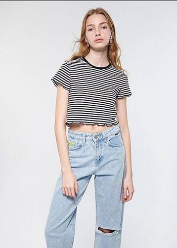 universal Beden Gri Çizgili Loose Fit Kısa Kollu Tişört