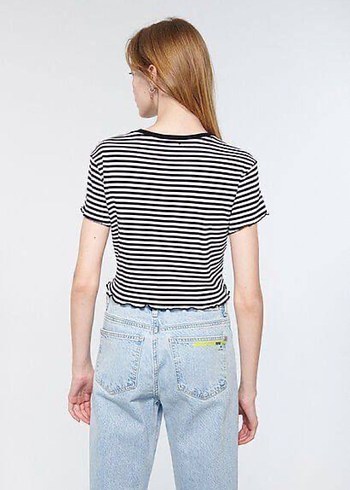 universal Beden gri Renk Gri Çizgili Loose Fit Kısa Kollu Tişört
