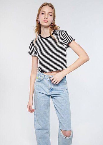 Gri Çizgili Loose Fit Kısa Kollu Tişört