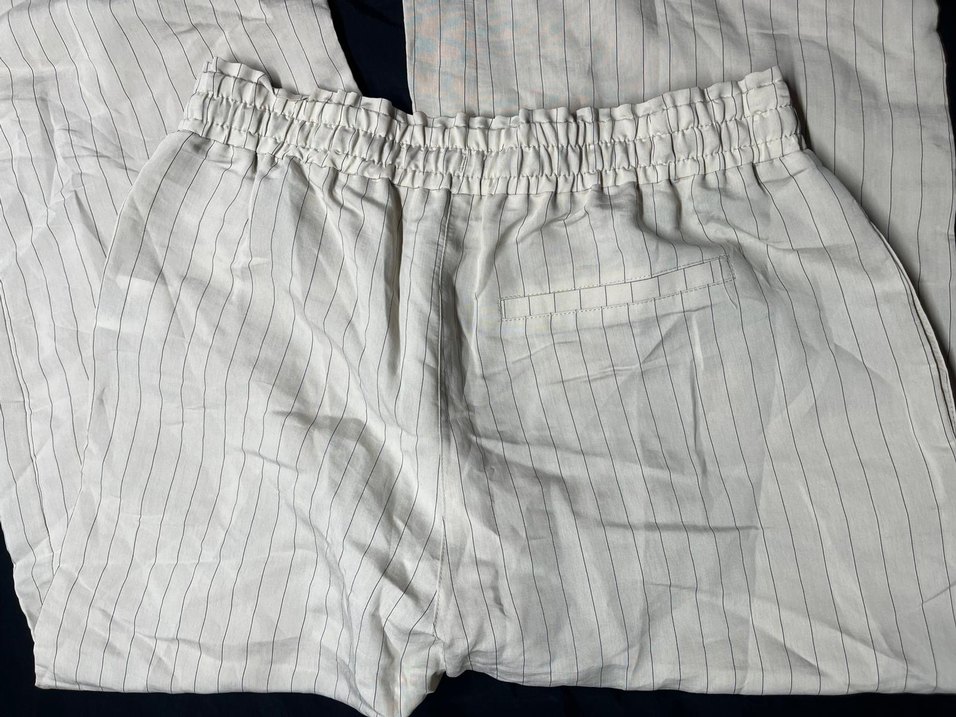 Kadın Gri Çizgili Keten Pilili Kumaş Pantolon - Görsel 3