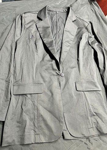 Düğmeli Gri Kadın Keten Blazer Ceket - Görsel 3