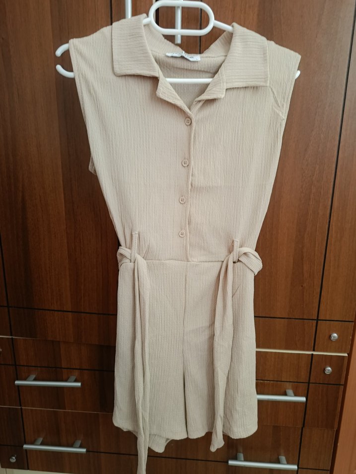 Bej Keten Kolsuz Mini Gömlek - Görsel 3