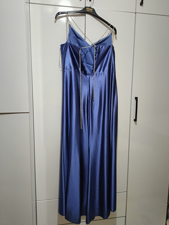 Lacivert Askılı Drapeli Uzun Abiye Elbise - Görsel 2