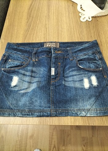 Mavi Mini Kot Etek, Gevşek Kesim, Tokalı