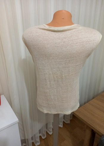 Bej Keten Kolsuz Bluz - Görsel 4