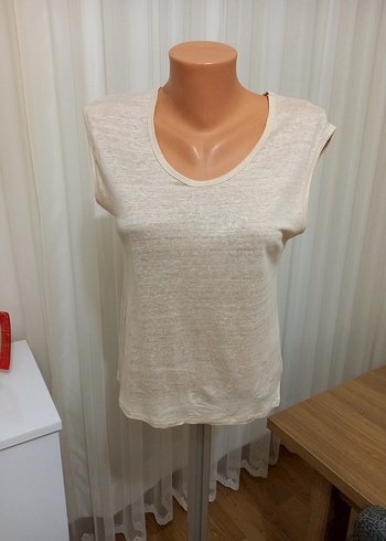 Bej Keten Kolsuz Bluz - Görsel 5