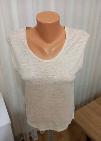 Bej Keten Kolsuz Bluz - Görsel 2