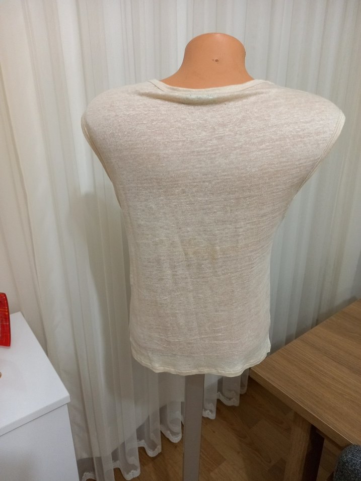 Bej Keten Kolsuz Bluz - Görsel 4