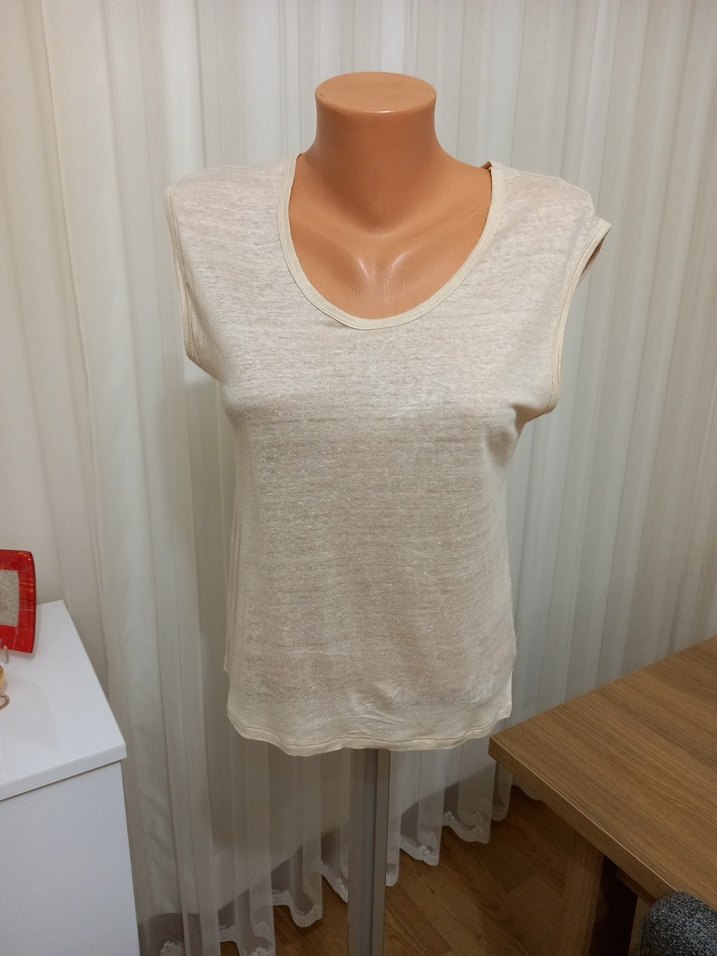 Bej Keten Kolsuz Bluz - Görsel 5