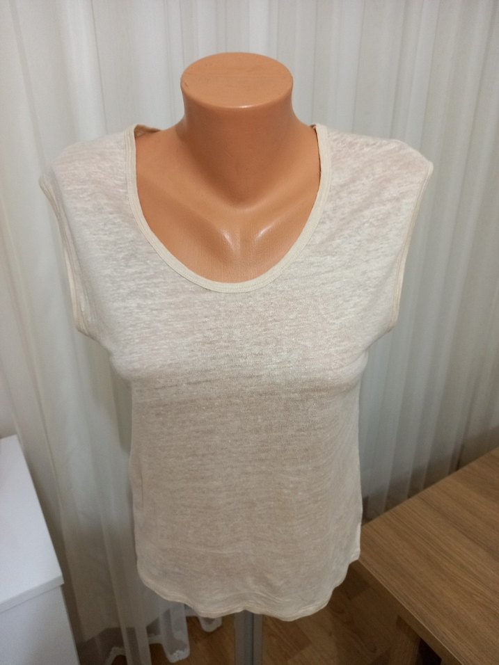 Bej Keten Kolsuz Bluz - Görsel 2