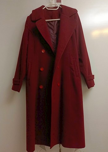 Bordo Uzun Düğmeli Kadın Kaban - Görsel 2