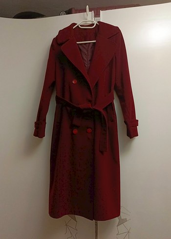 Bordo Uzun Düğmeli Kadın Kaban - Görsel 3