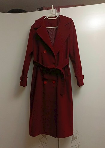 Bordo Uzun Düğmeli Kadın Kaban - Görsel 4