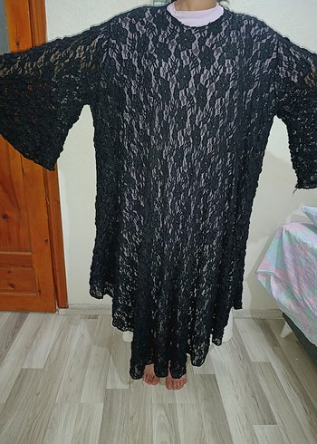 Kadın Siyah Dantel Uzun Kollu Uzun Elbise