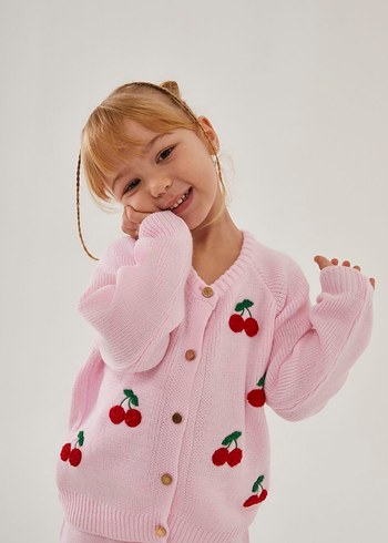 7 Yaş Beden Nakışlı Düğmeli Pembe Kız Triko Takım