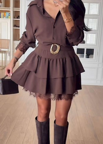 Kahverengi Deri Kemerli Mini Elbise - Görsel 2