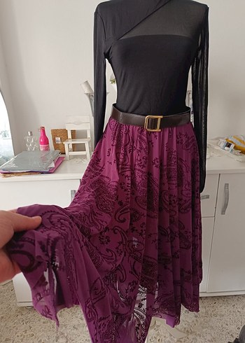 Kahverengi Bağlamalı Uzun Kadın Etek - Görsel 2