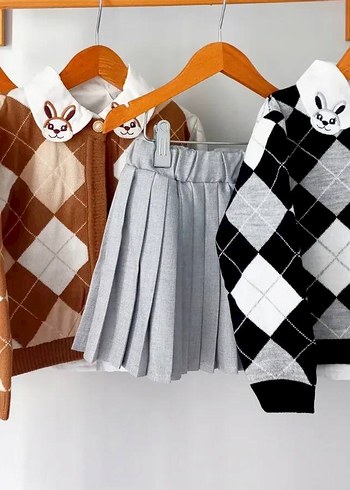 Kız Çocuk Gri Ekose Örgü Etek - Görsel 2