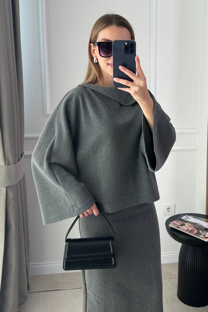 Uzun Gri Kadın Triko Elbise - Görsel 2