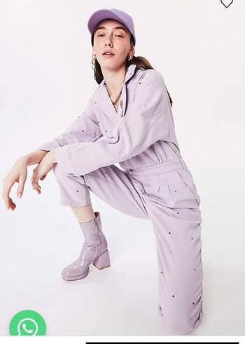 Mor Midi Kadın Tulum, Uzun Kollu, Rahat Kesim - Görsel 2