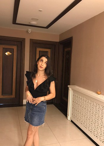 V Yaka Kolsuz Mini Denim Bluz