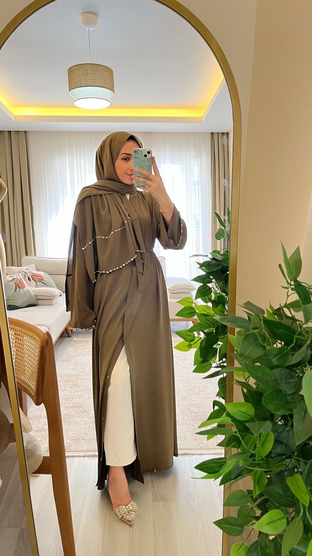 Nakış Detaylı Kadın Haki Uzun Elbise - Görsel 3