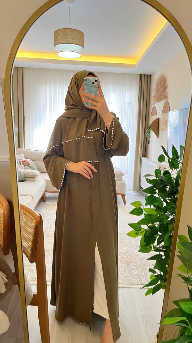 Nakış Detaylı Kadın Haki Uzun Elbise - Görsel 2