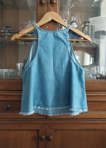28 Beden Mavi Denim Midi Askısız Kadın Bluz