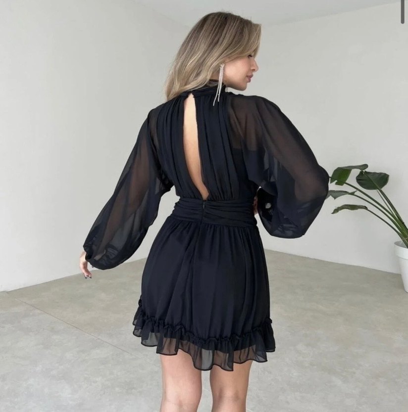 Siyah dik yakalı şifon elbise - Görsel 2