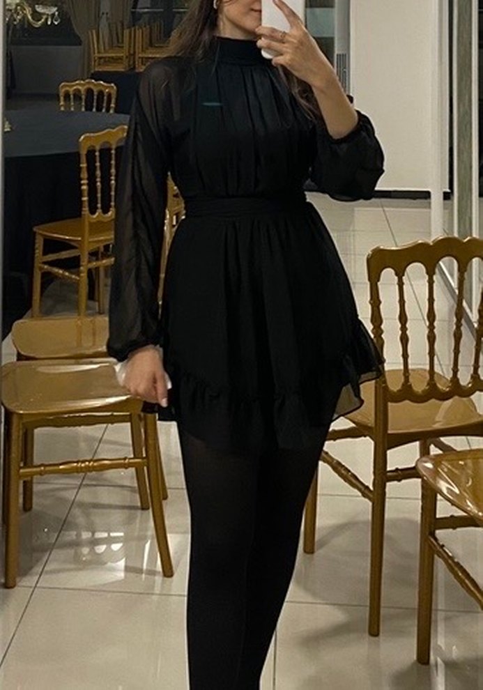 Siyah dik yakalı şifon elbise - Görsel 3