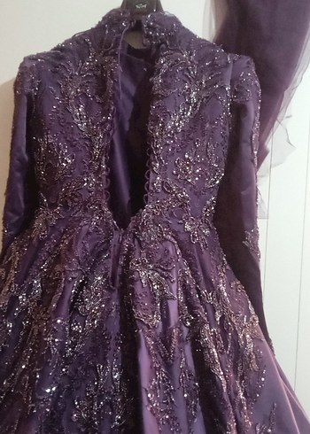 Mor Uzun Straplez Nakışlı Gotik nişan elbisesi - Görsel 9