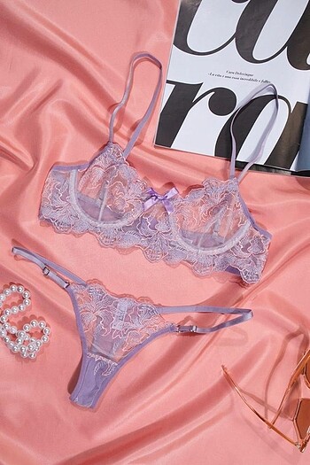 Mor dantelli bralet takım