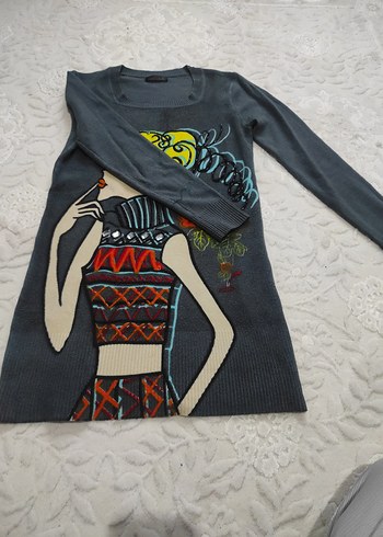 Bohem Desenli Uzun Kollu Gri Kadın Kazak - Görsel 5