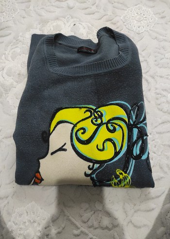 Bohem Desenli Uzun Kollu Gri Kadın Kazak - Görsel 6