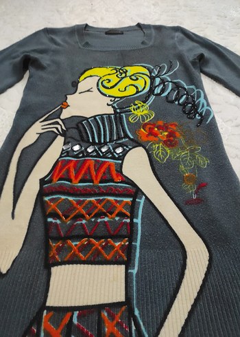 Bohem Desenli Uzun Kollu Gri Kadın Kazak - Görsel 2