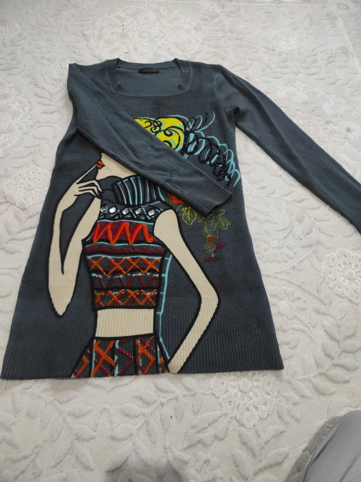 Bohem Desenli Uzun Kollu Gri Kadın Kazak - Görsel 5