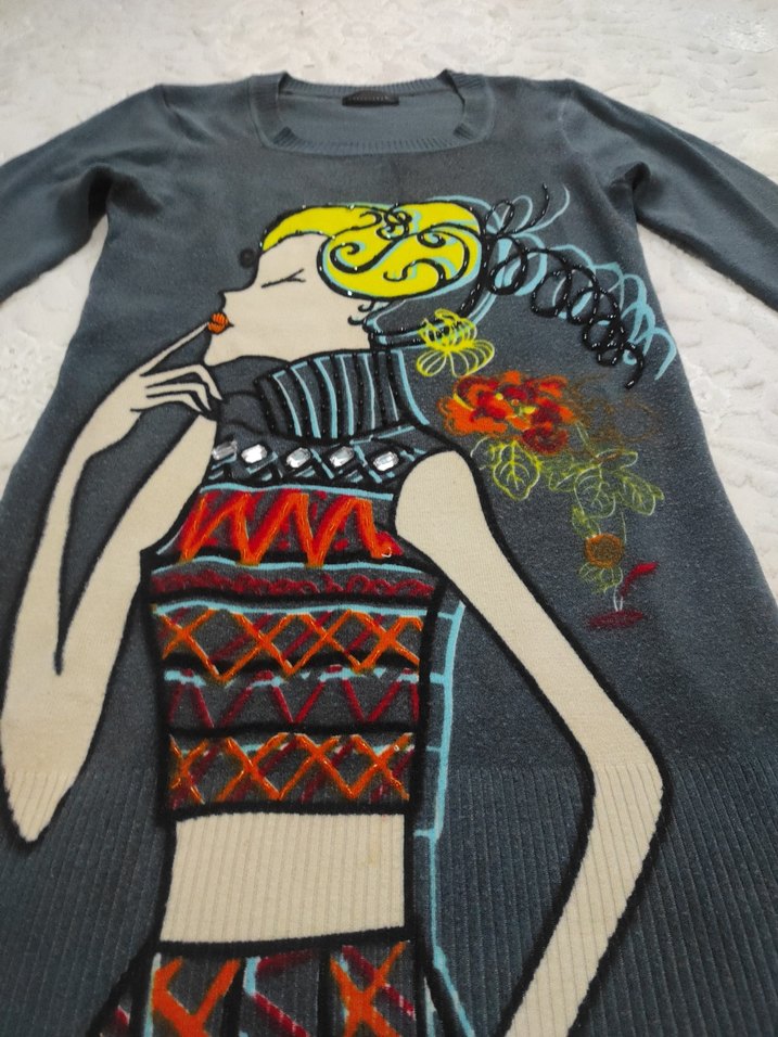 Bohem Desenli Uzun Kollu Gri Kadın Kazak - Görsel 2