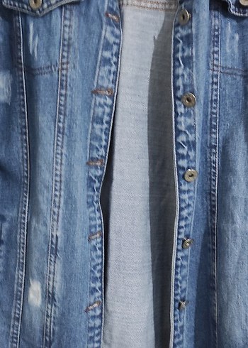 Düğmeli Kadın Kot Ceket, Rahat Kesim, Mavi - Görsel 2