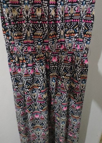 Renkli Bohem Desenli V Yaka Kolsuz Midi Elbise - Görsel 8