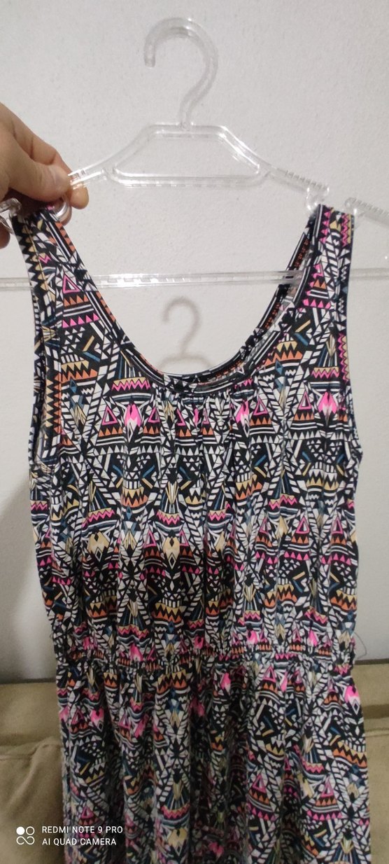 Renkli Bohem Desenli V Yaka Kolsuz Midi Elbise - Görsel 2