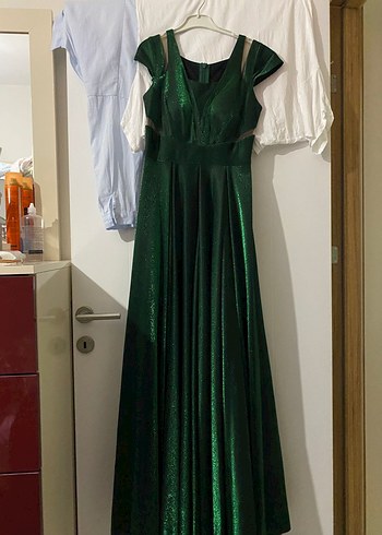 Yeşil Parlak V Yaka Uzun Abiye Elbise - Görsel 3