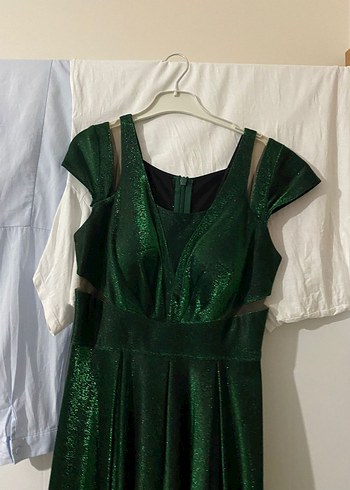 Yeşil Parlak V Yaka Uzun Abiye Elbise - Görsel 2