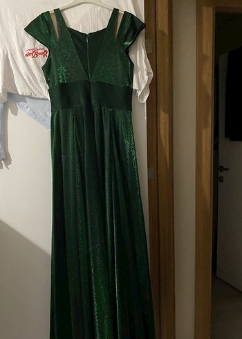 Yeşil Parlak V Yaka Uzun Abiye Elbise - Görsel 5