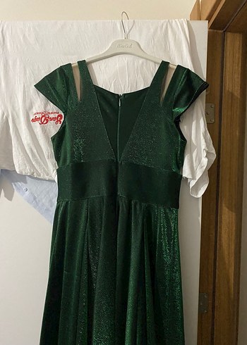 Yeşil Parlak V Yaka Uzun Abiye Elbise - Görsel 4