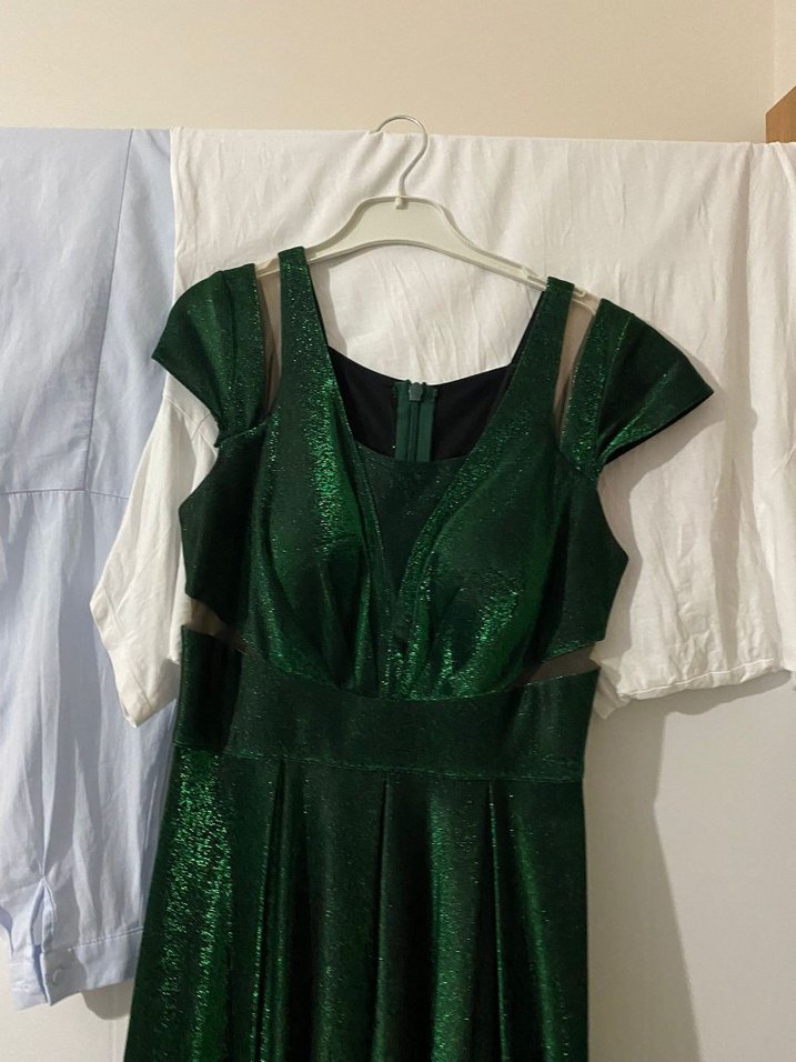 Yeşil Parlak V Yaka Uzun Abiye Elbise - Görsel 2