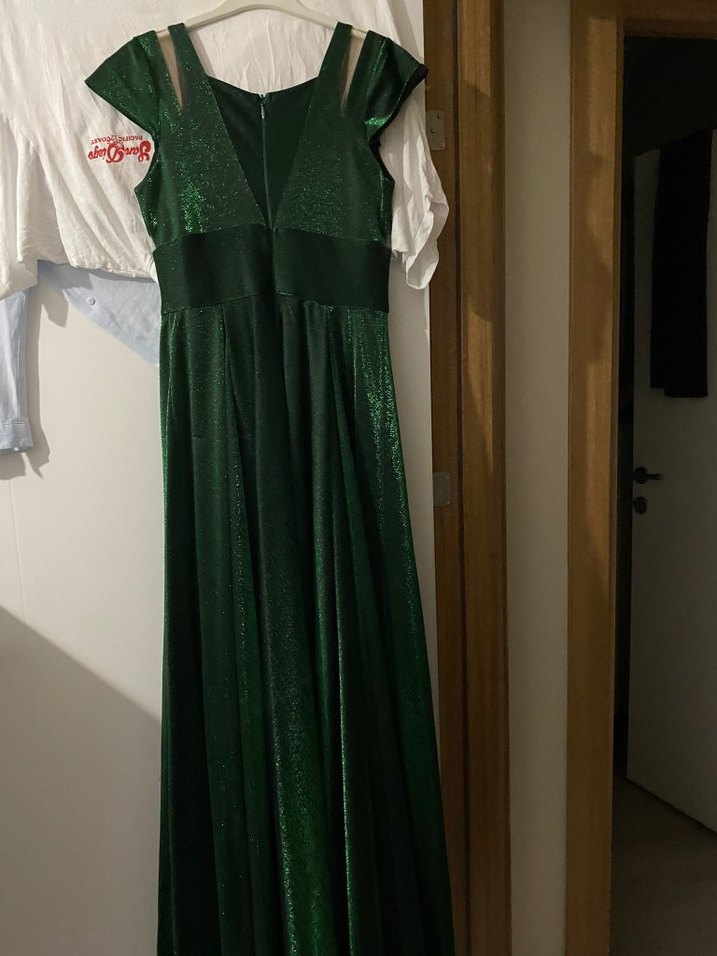Yeşil Parlak V Yaka Uzun Abiye Elbise - Görsel 5