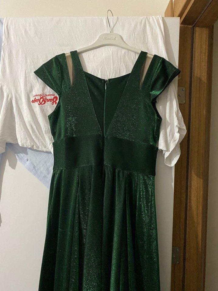 Yeşil Parlak V Yaka Uzun Abiye Elbise - Görsel 4