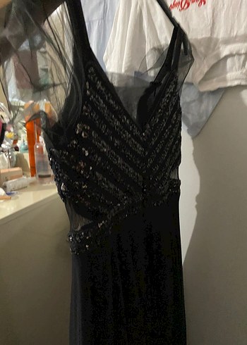 Drapeli Siyah Nakışlı Uzun Kadın Abiye Elbise - Görsel 7