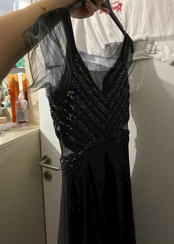 Drapeli Siyah Nakışlı Uzun Kadın Abiye Elbise - Görsel 8